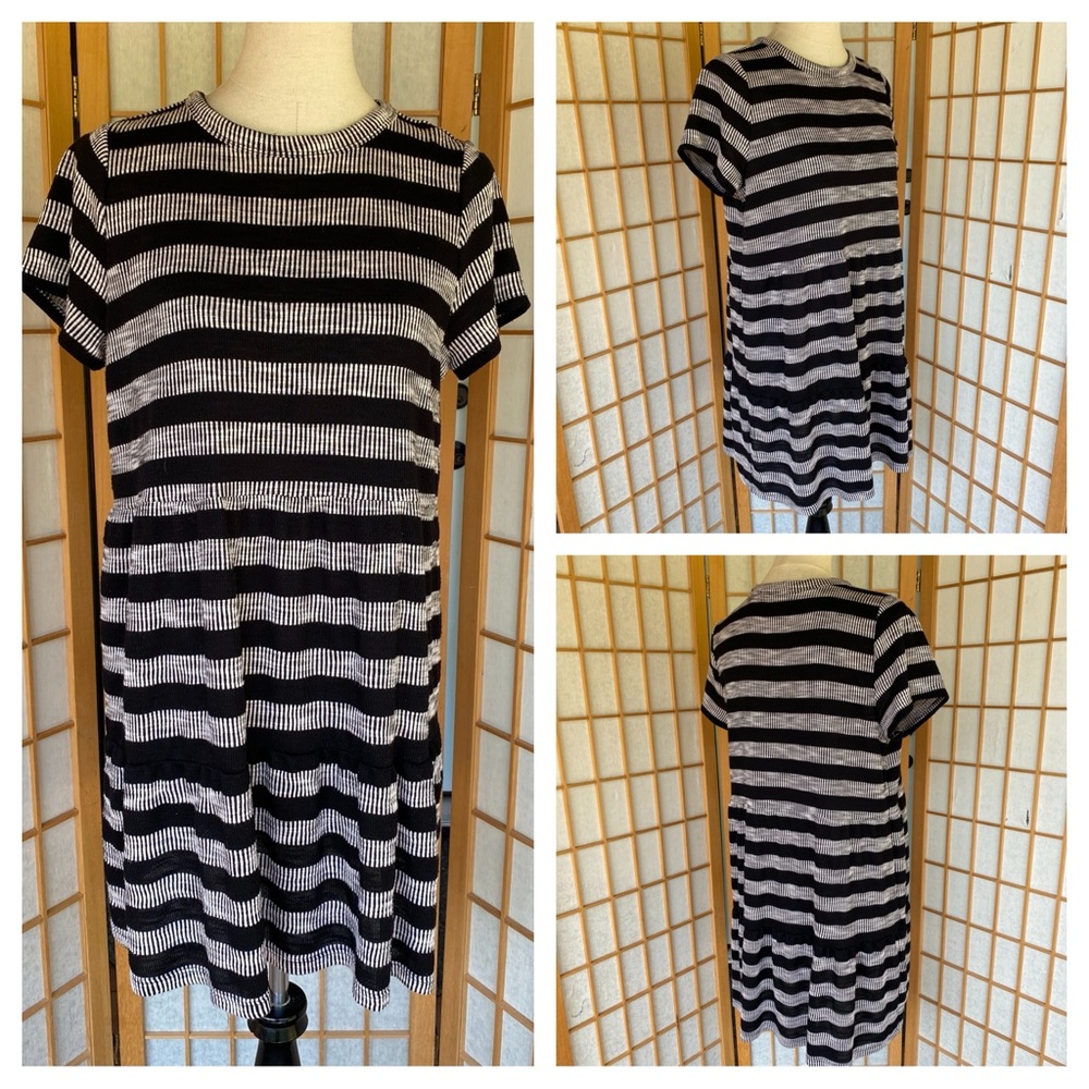 Loft Ann Taylor Black Striped Waffle Knit Tiered Dress SZ  PL